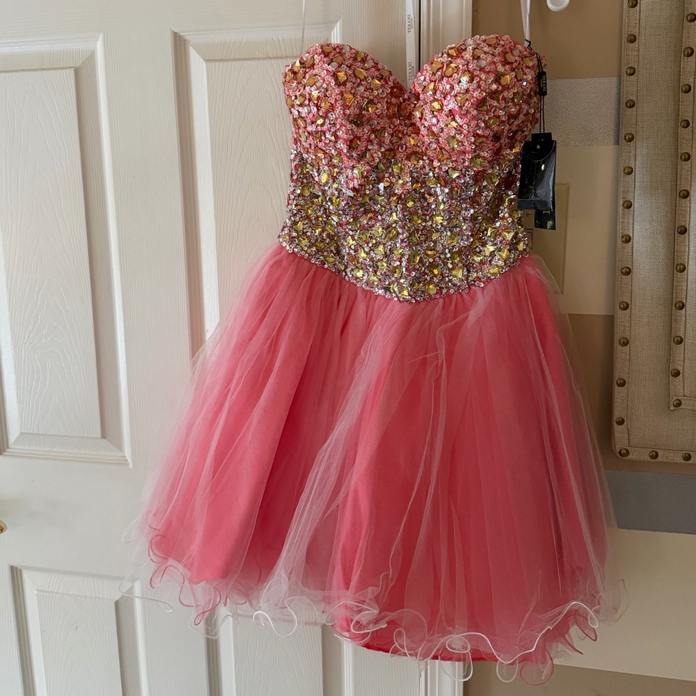 Terani Couture pink rhinestone strapless dress